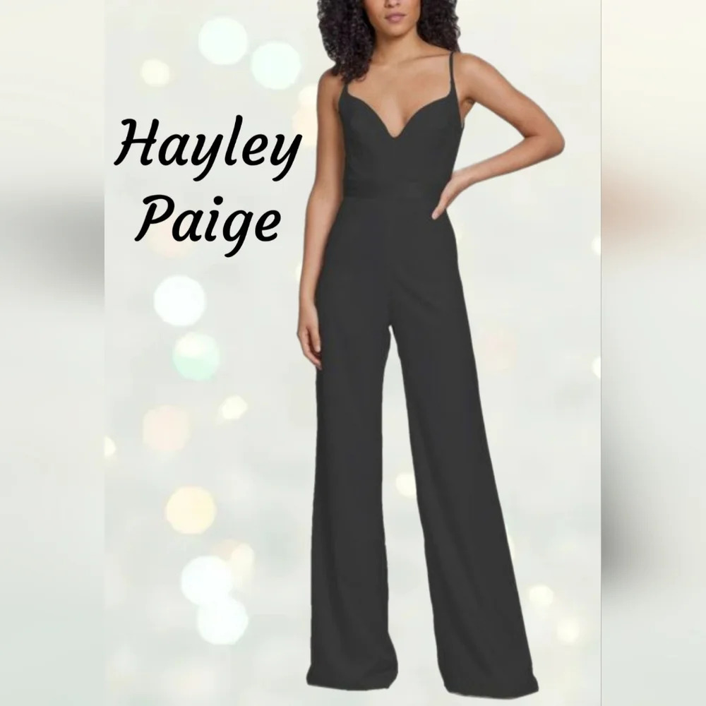 Hayley Paige Jumpsuit Womens Sz 10 Black Crepe Wide Leg Spagetti Strap Plunging